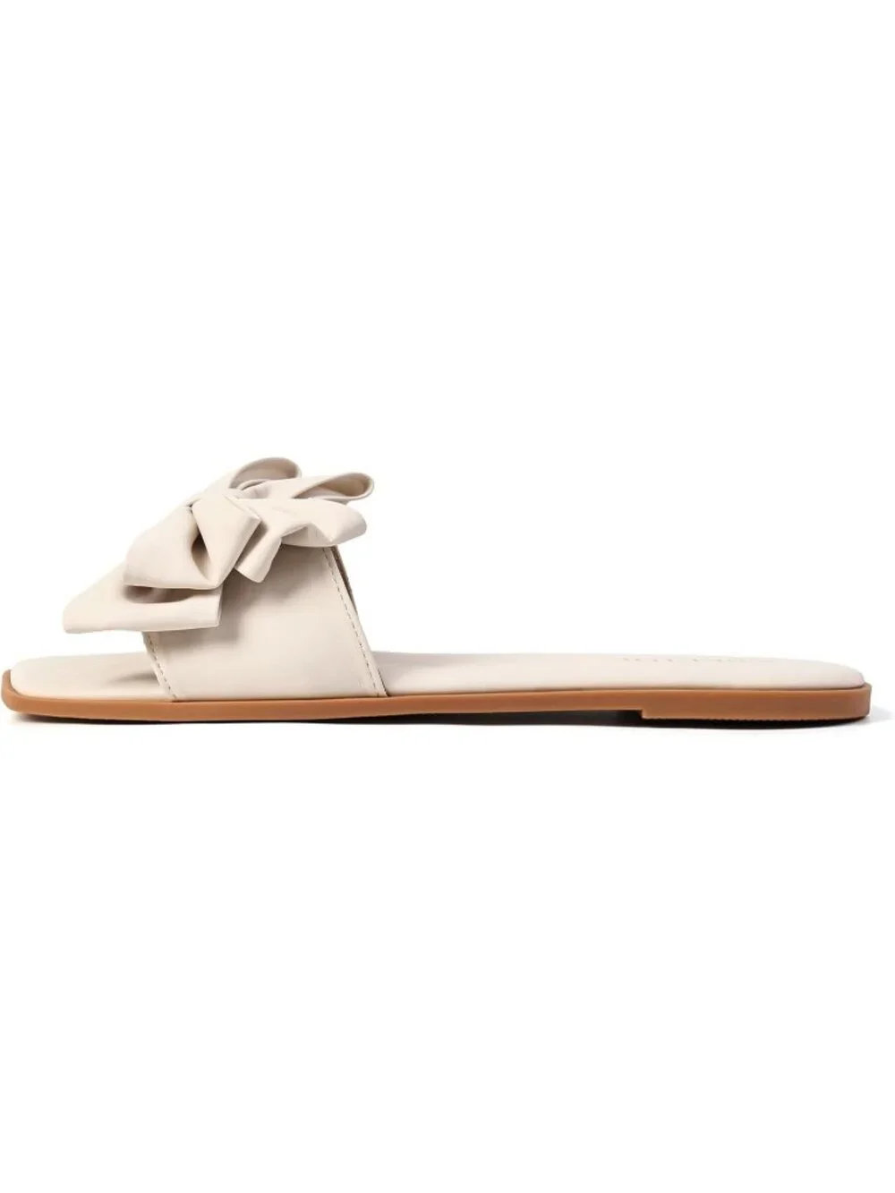Women's Nude Faux Leather Bow Flat Sandals Open Saquare Toe Comfortable Slide